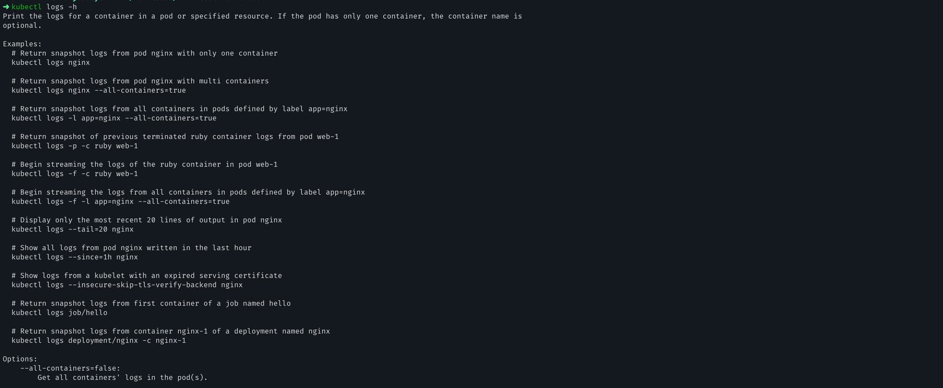 Kubectl logs command to view pod logs