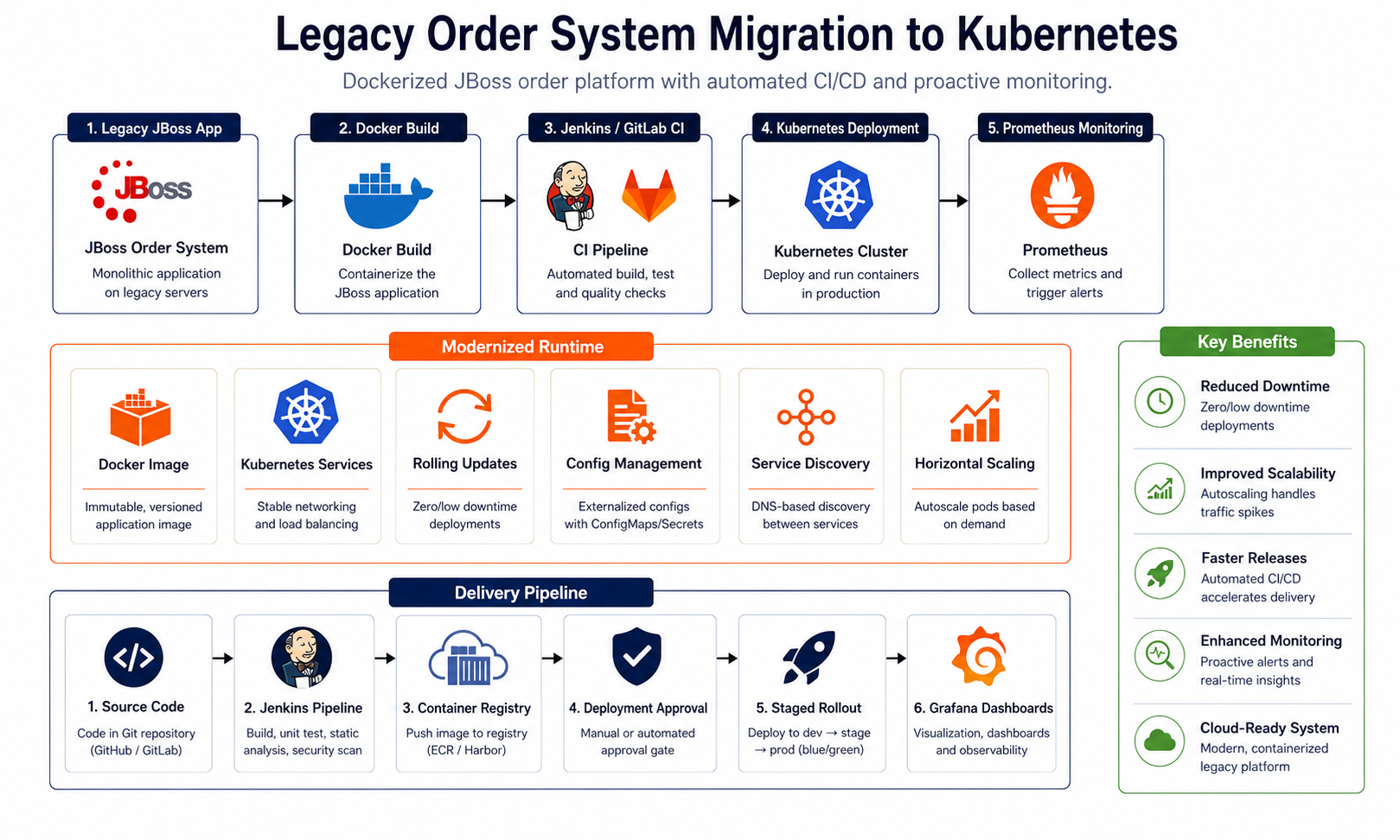 Legacy order system Docker and Kubernetes migration architecture